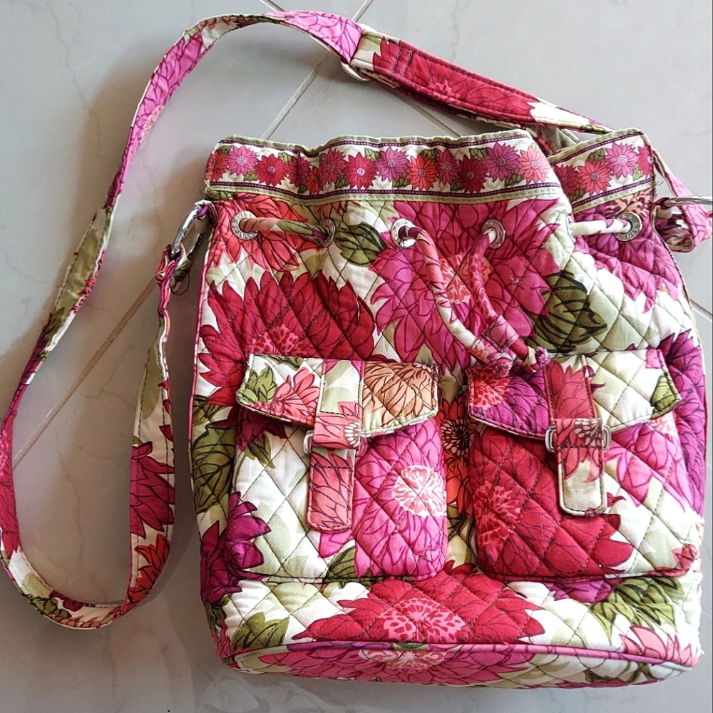 Vera Bradley Hello Dahlia Bucket Purse, Adjustable Straps, Pink Flower Bag